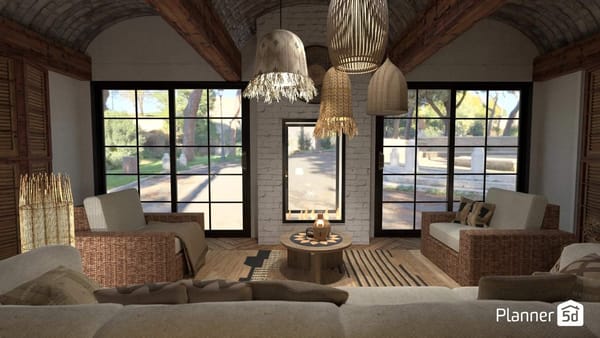 sala de estar de estilo rústico moderno californiano, render planner 5d