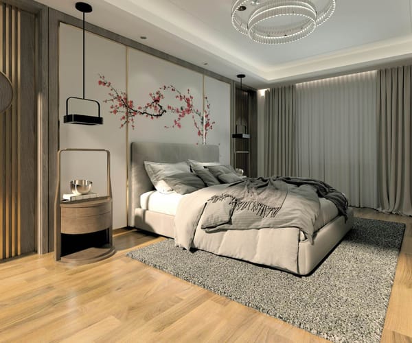 decoración de dormitorio moderno con muebles grises