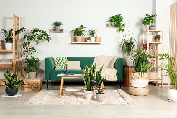 a minimalist interior with natural materials, plants, and a green sofa