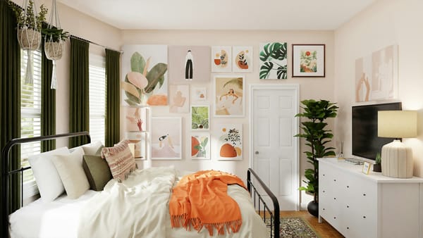 chambre à coucher lumineuse et confortable avec des accents orange et une literie blanche
