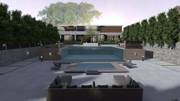 render 3d de casa de lujo, jardín con piscina, dibujos arquitectónicos, planner 5d
