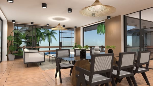 render arquitectura, sala de estar y comedor con decoración tropical