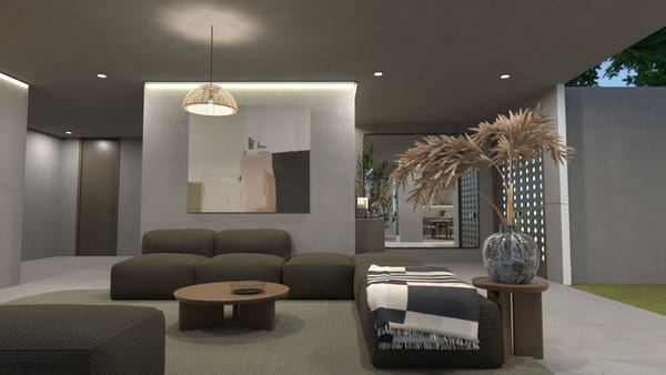 render 3d de sala de estar moderna con sofá gris, planner 5d