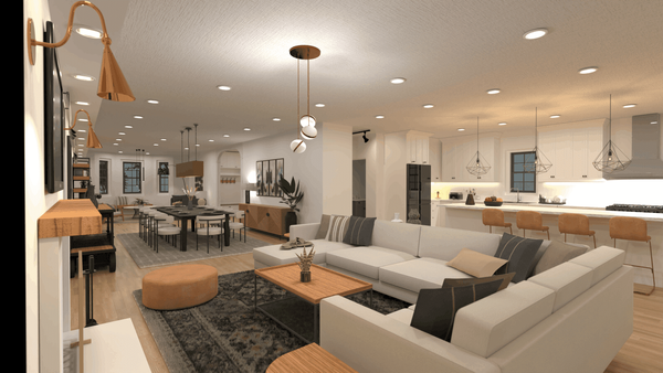 render 3d de salón-comedor y cocina, diseño de interiores profesional