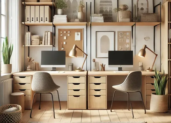 Home office with two desks in Scandi style designed by ChatGPT