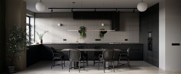 decoración con negro, cocina grande de color negro