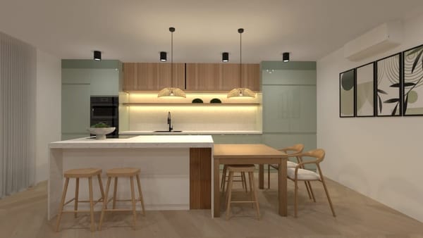render de cocina moderna minimalista. Isla y medidas de encimera