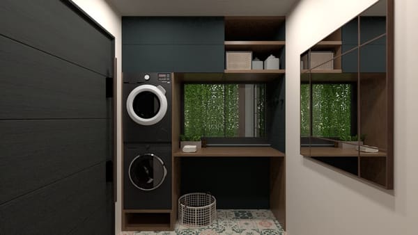 render de lavanderia moderna en casa. Medidas para lavadora y secadora 