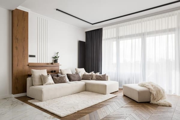 Modern living room with floor-to-ceiling curtains