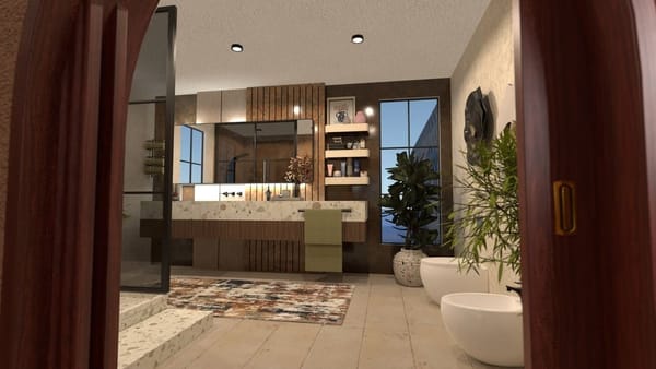 3D-Rendering eines Badezimmers. Moderner Online-Badezimmersimulator