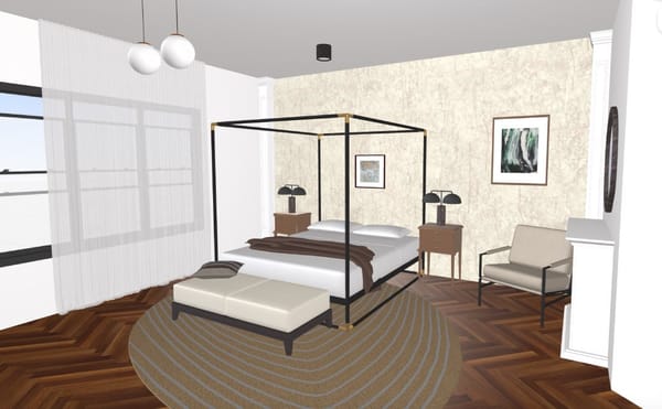 render 3d de habitación elegante. Simulador de dormitorios online gratis. Planner 5D