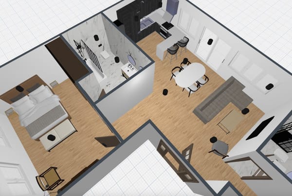 plano de casa de tres dormitorios, con dormitorio, sala de estar, cocina y baño