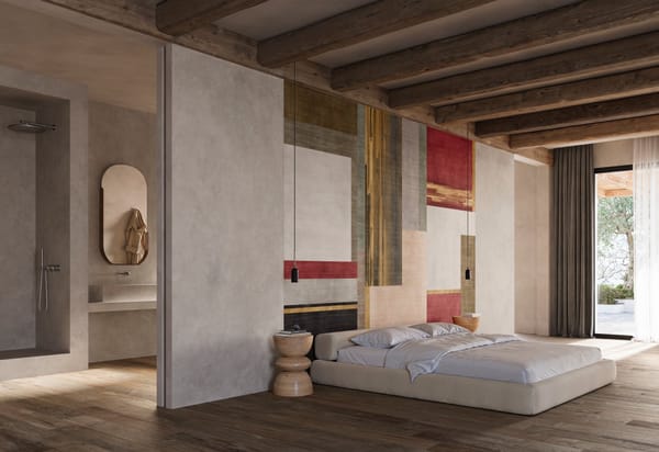 tendencias en decoración de paredes, dormitorio con paneles de colores