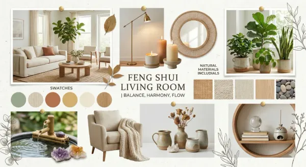 A mood board for feng shui living rooms