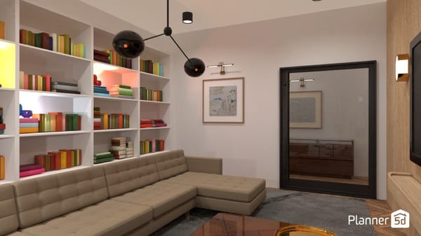 render 3d de sala de estar.Planos de casas modernas de 100 m². planner 5d