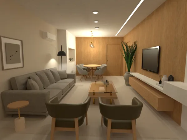 Projeto 3D de sala de estar acolhedora com TV, tamanho de TV