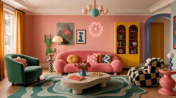 Estilo kitsch, sala de estar kitsch criada no AI Studio do Planner 5D.