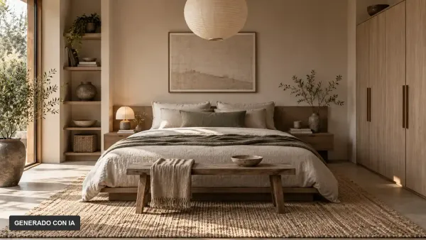 Dormitorio Japandi de tonos cálidos y materiales naturales.