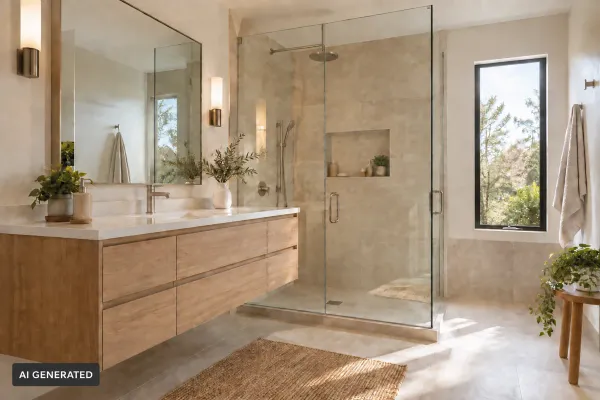 AI-generated bathroom with a floating oak vanity, beige tiles and a glass-enclosed shower.