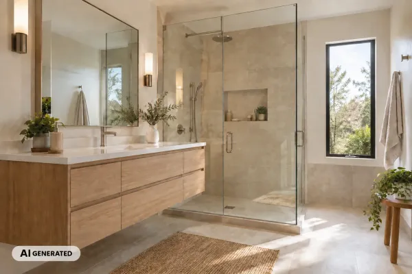 AI-generated bathroom with a floating oak vanity, beige tiles and a glass-enclosed shower.