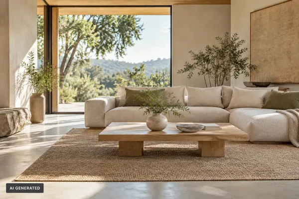 Zen interior design living room with a cream sofa, low wooden coffee table, woven rug, plants, and garden view.